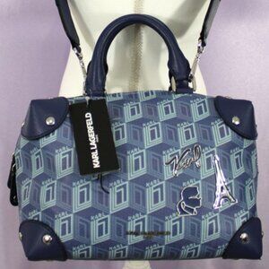 Karl Lagerfeld Paris Satchel Bowler Bag LH4DJ3CA Indigo Blue Monogram NWT $228
